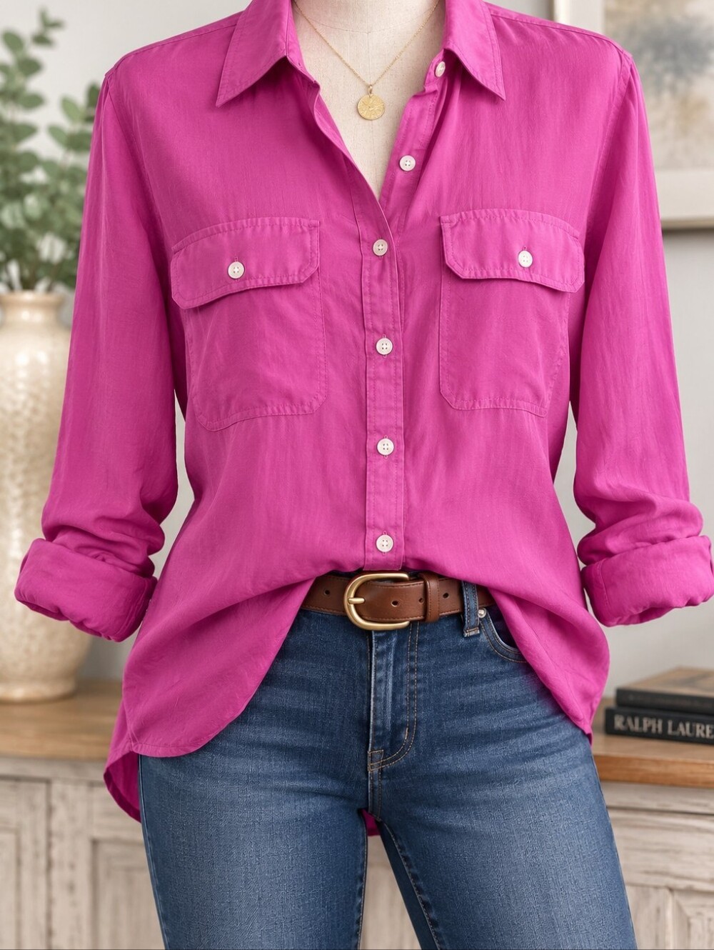 Lauren Ralph Lauren Pink Silk Cotton Utility Button Down Shirt M